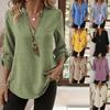 Women Linen V Neck Blouse, Roll Up 3/4 Sleeve Pocket Front Casual Shirt