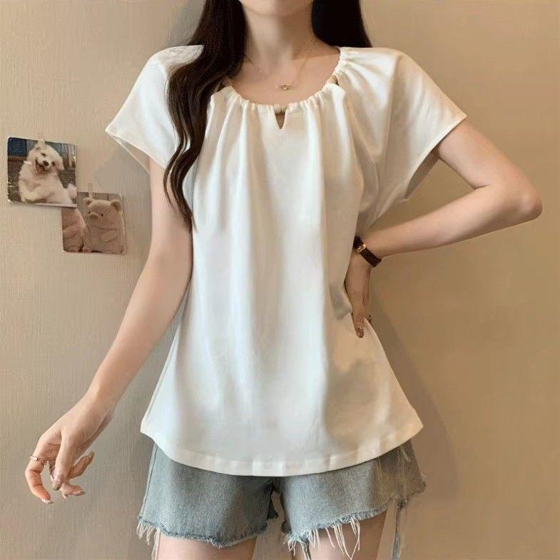 

Plus Size Solid Color Short Sleeve Summer T-shirt with Flutter Sleeves - Women s Loose Fit and Slimming Design. XL (For 121-140 jin) білий
