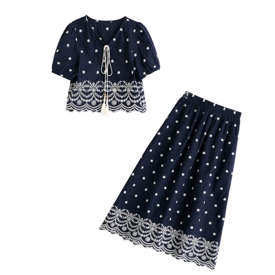 Summer New Top Slim and Thin High Waist Skirt Embroidered Flower Two-piece Suit Skirt Women