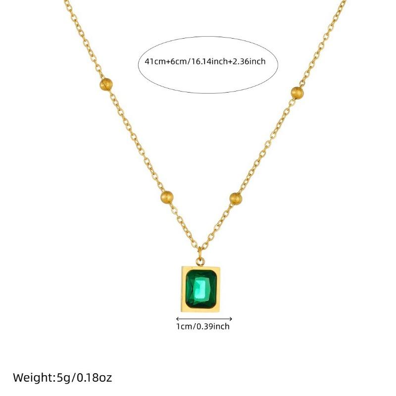 Gold Plated Emerald Square Pendant Necklace, Stainless Steel Station Chain Choker, Waterproof Green Gem Jewelry for Women Gift