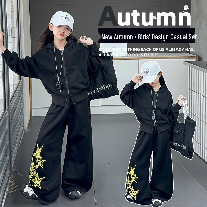 Girls' Spring & Autumn 2025 Set: Korean Style Hooded Jacket with Star Scimitar Pants for Middle & Big Kids