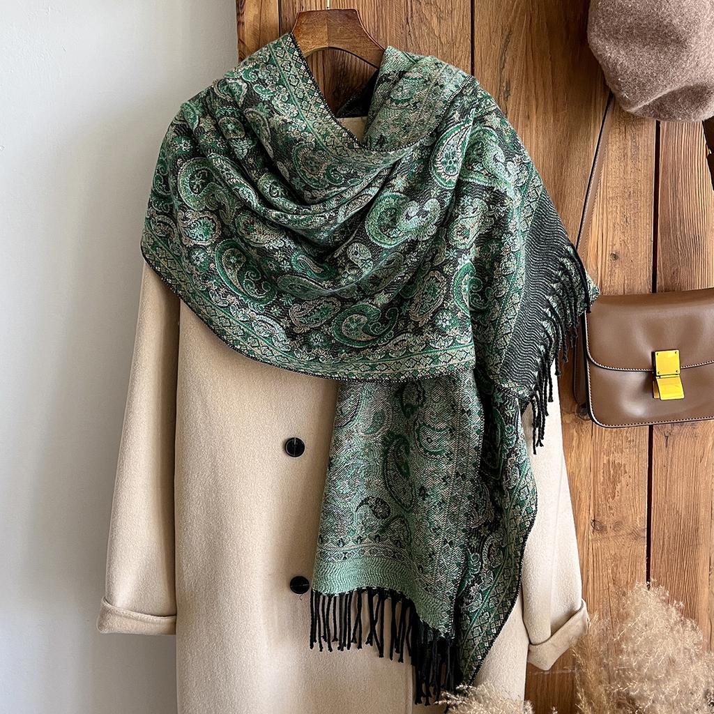 Winter Women'S Thick Pashmina Shawl Paisley Design National Style Warm Long Tassel Scarf Poncho Stoles For Cold Weather