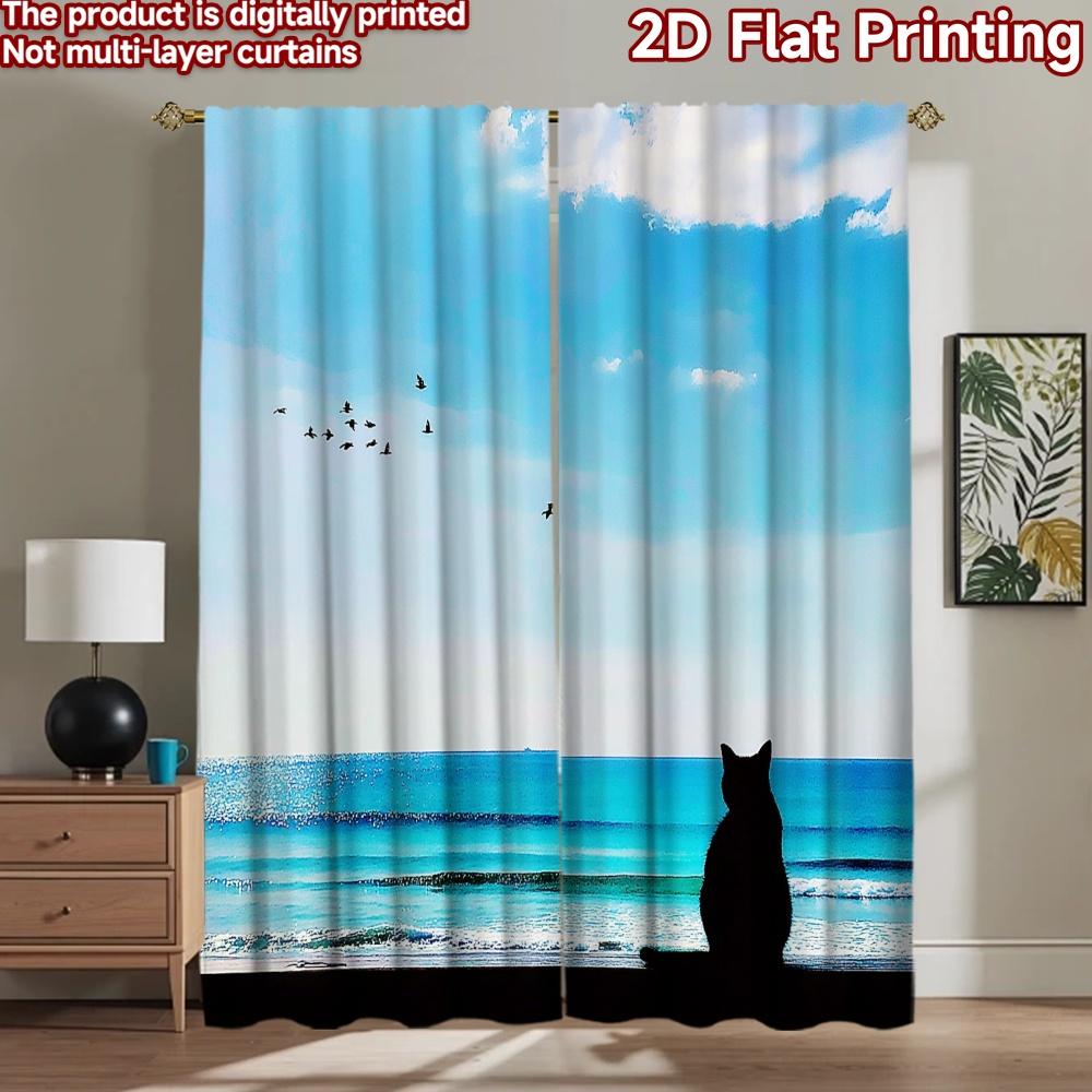 2D Flat Printing 2pcs Scene Curtain Black Cat Ocean Birds Digital Printed Polyester Drapes Party Decorations Use for All