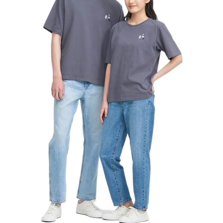 Uniqlo X Pop Mart Cartoon Anime Print Crew Neck T-Shirt Unisex Tops Dark-Gray 449367-08