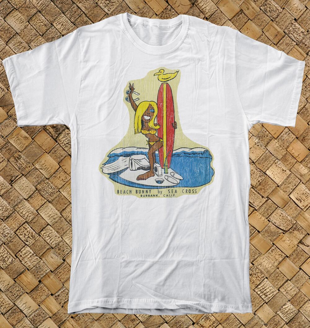 Retro Surf Shop T Shirt 100% Cotton Vtg Art Beach Bunny Sea Cross Burbank CA M