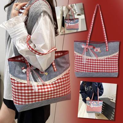 New Korean Style Women's Bag Retro Lattice Casual Plaid Underarm Bag Fashionable  Sweet Bowknot Large Capacity Shoulder Tote Bag