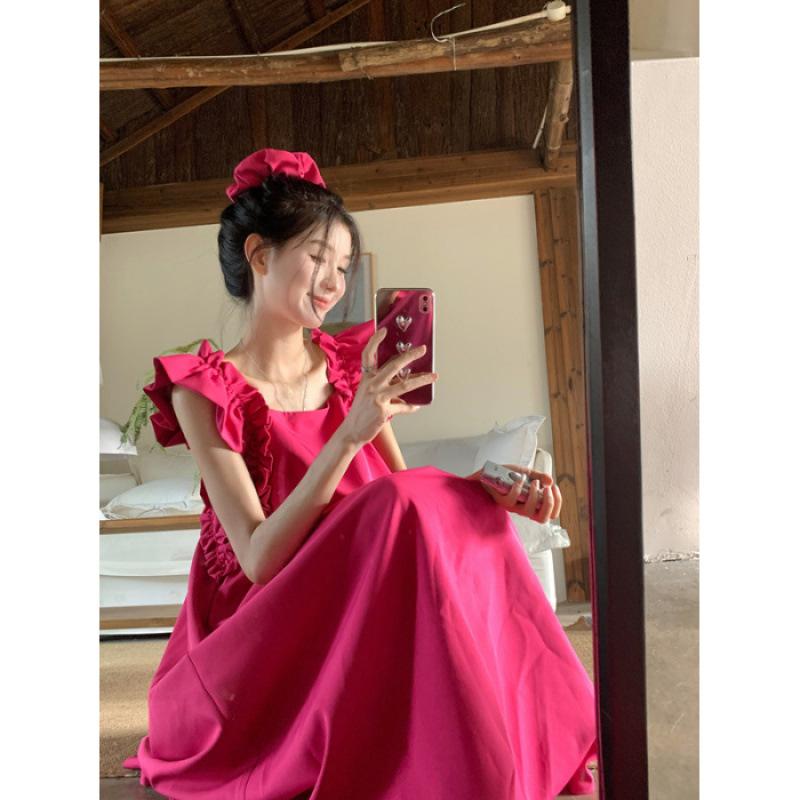 

Ретро квадратный вырез грибной край маленькие крылышки платье женское летнее свободное и тонкое высококачественная текстура роза красное платье S