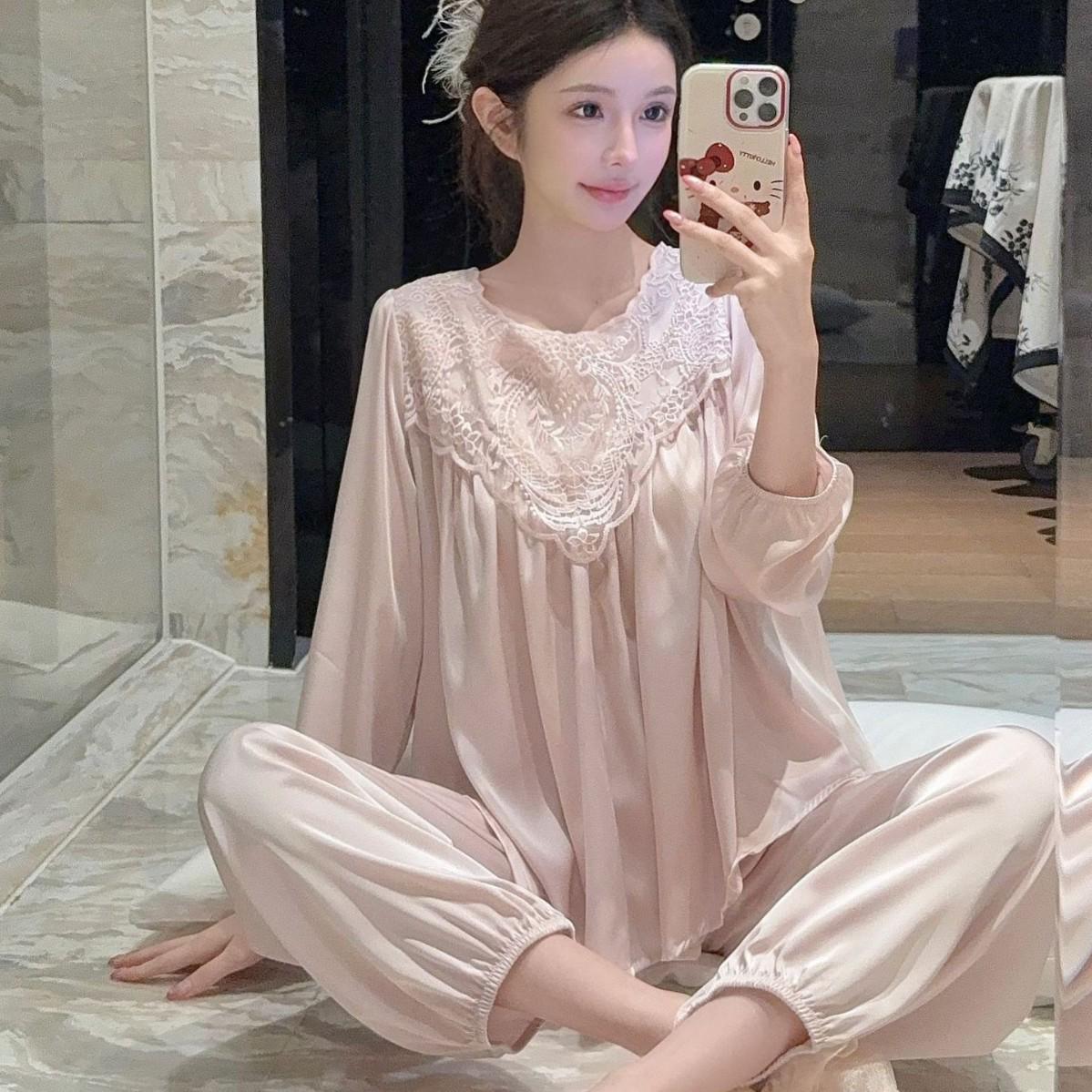 2026 French High-End Lace Pajamas: Women s Ice Silk Long Sleeve and Pants with Back Cutout L