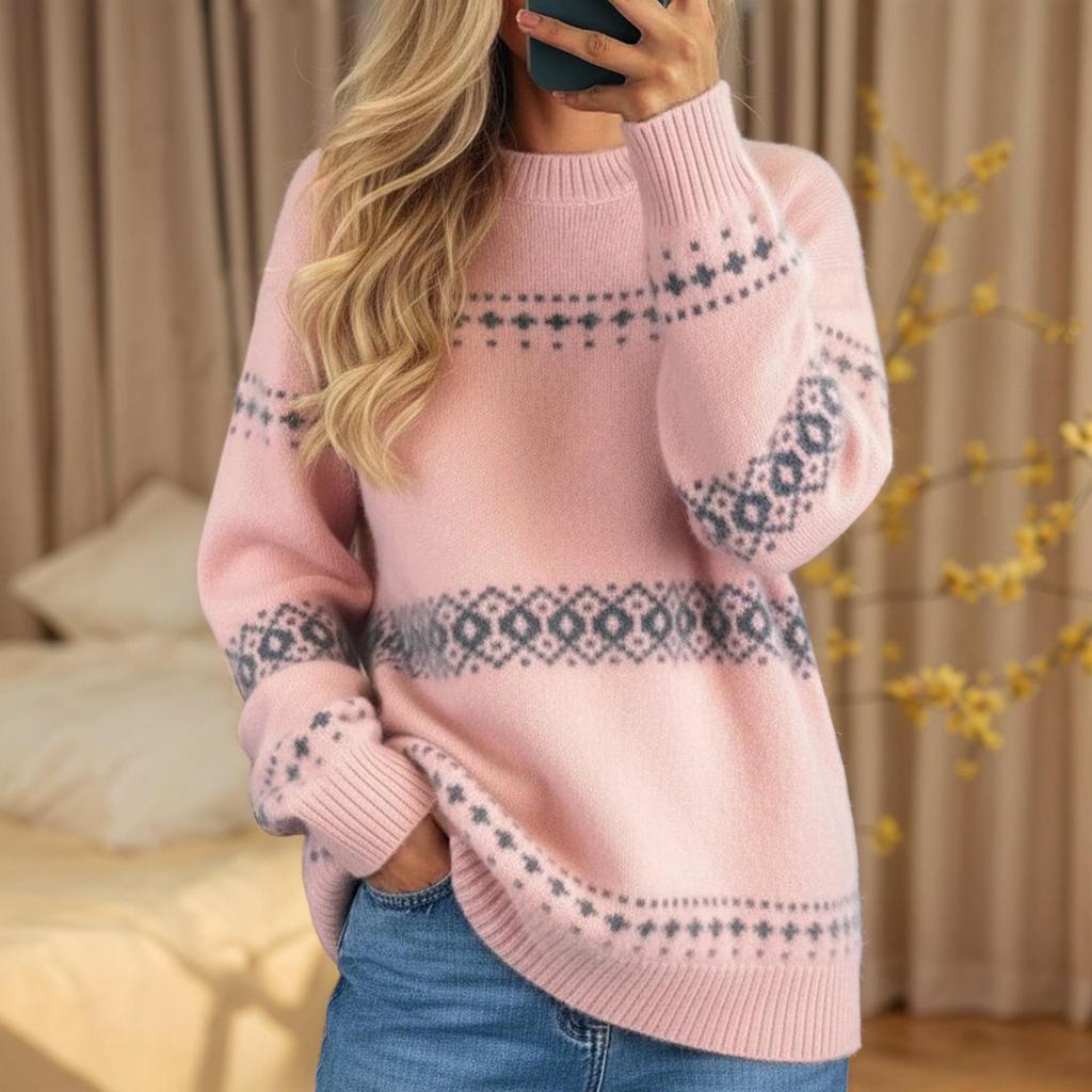 Ethnic-Style Retro Jacquard Knit Pullover for Women - Autumn/Winter Round Neck Sweater