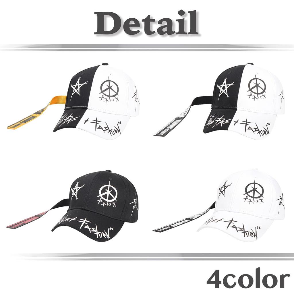 Hat Cap Star Peace Cool Sports Casual Monotone CZ525 Black [White Fang] Men's Women's (Two-tone Belt)