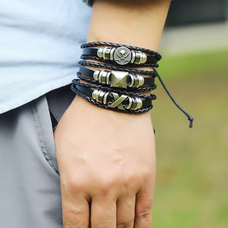 European and American New Accessories Punk Skull Hip-hop Trend Adjustable Rock Beads Men's Leather Bracelet