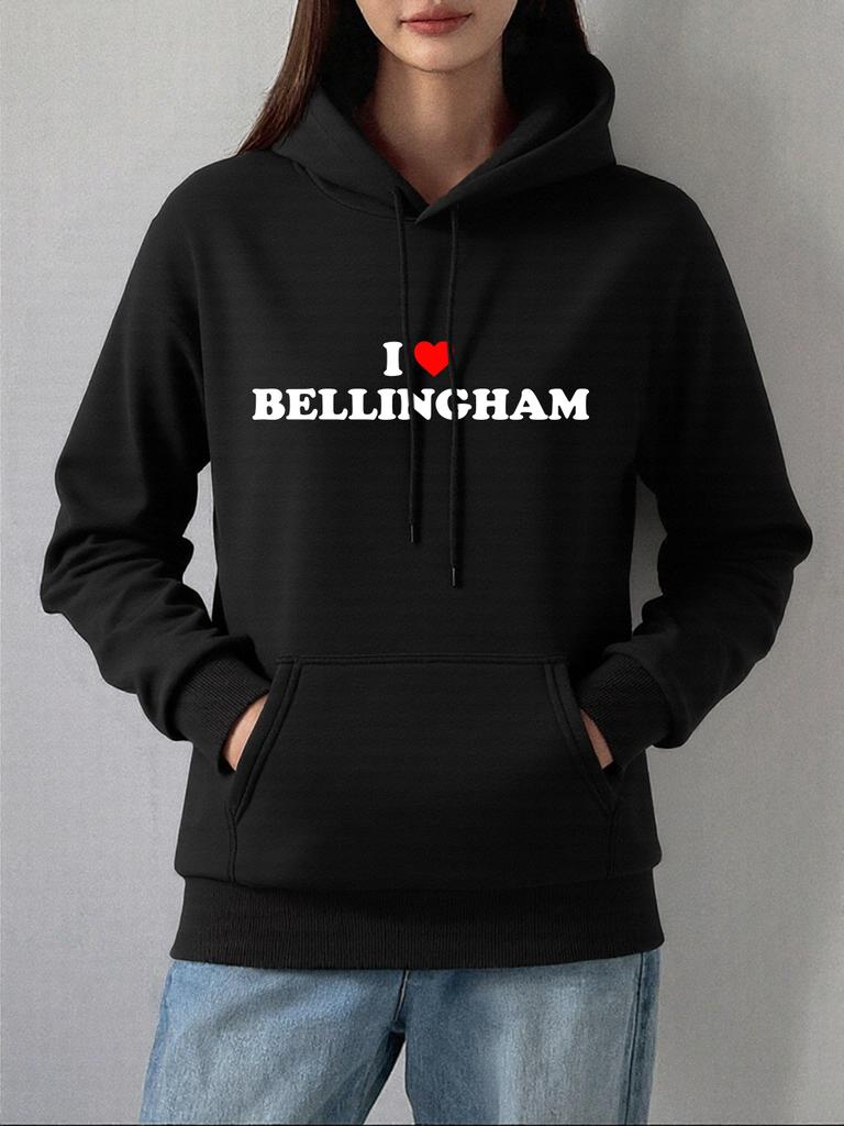 Ich liebe Bel Letter Bellingham Druck Hoodies Damen Winter Fleece Warmes Sweatshirt Lässiger Kängurutaschen-Pullover Street Locker Kleidung