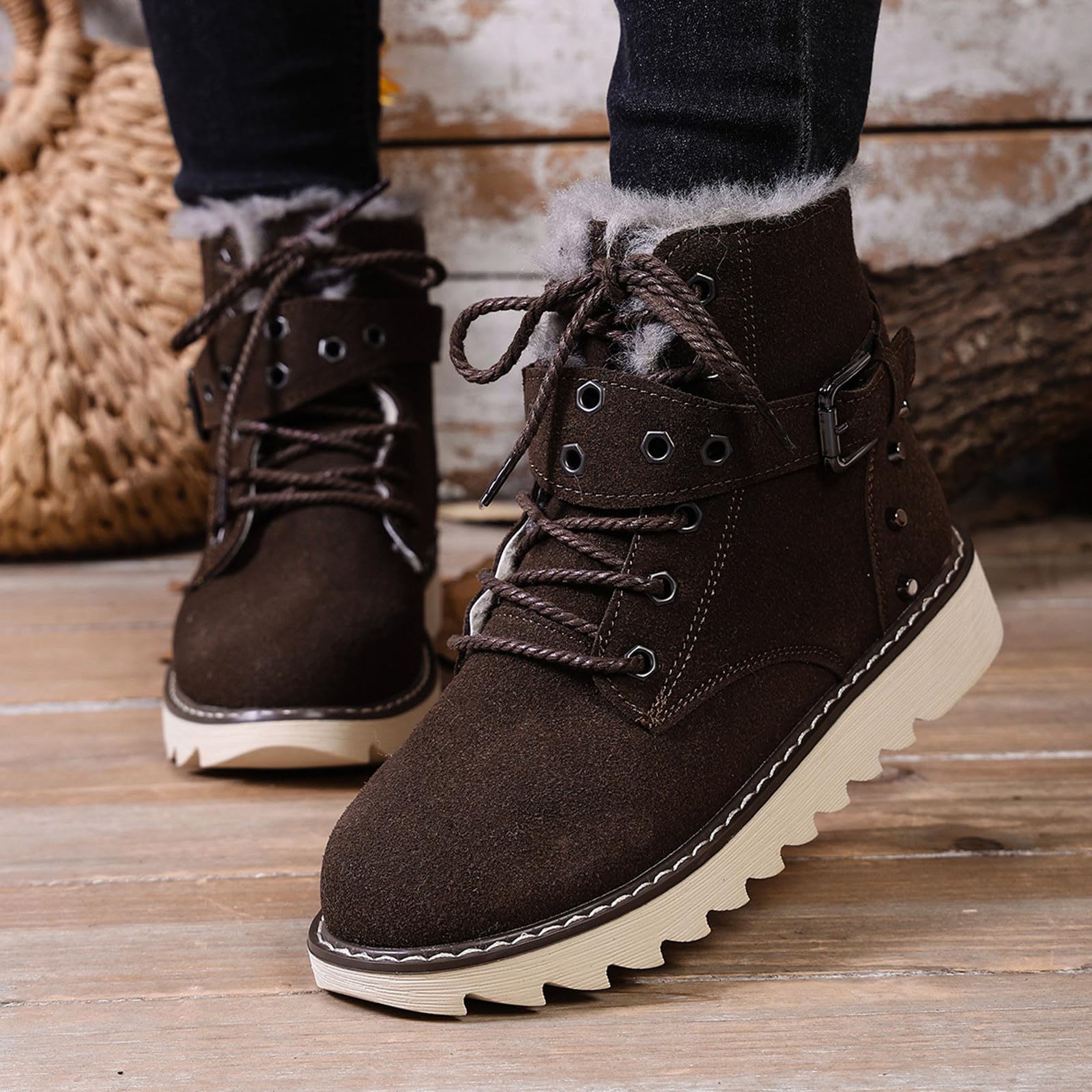 Women s Fashion Plus Size Flat Lace-up Fleece-Lined Warm Cotton Shoes 40 кофейный
