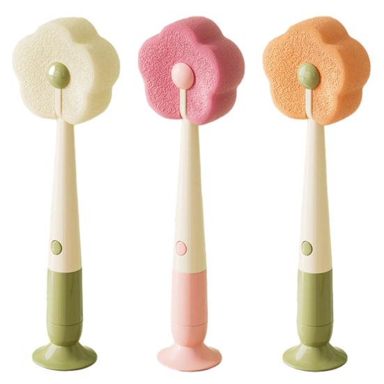 Cleaning Brush with Suction Cup Base Removable Flower Sponge Head Three-in-One Functions Multi-functional Cleaning Brush