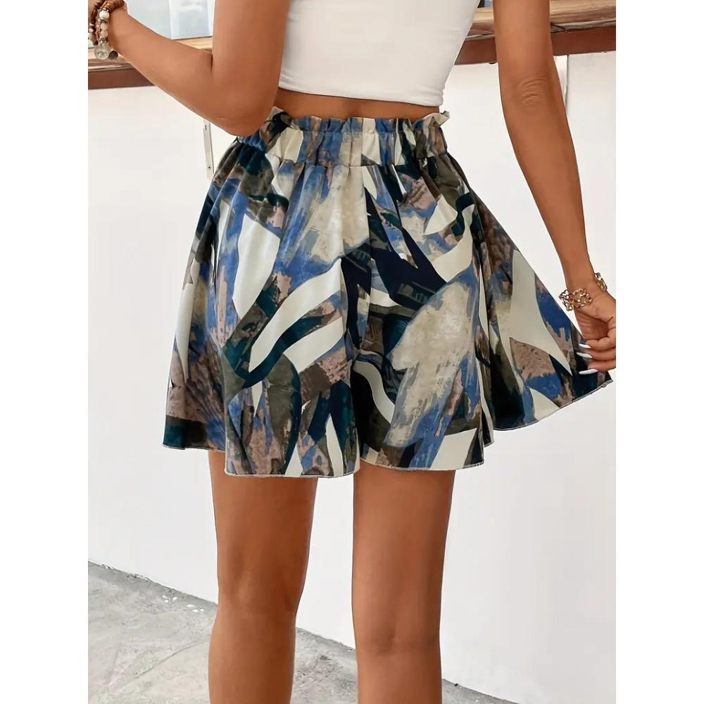 Women's Summer Printed Wide-Leg Lace-Up Shorts, Fashionable and Elegant Vacation Beach Skirt Women's Beach Vacation Printed Mini Skirt