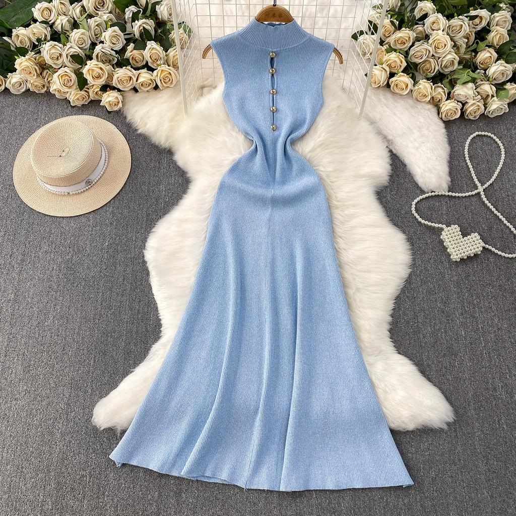 Summer Designer Solid Hollow Out Long Knitting Dress Women Elegant Half Turtleneck Sleeveless Slim Knitwear Sweater Dresses Female