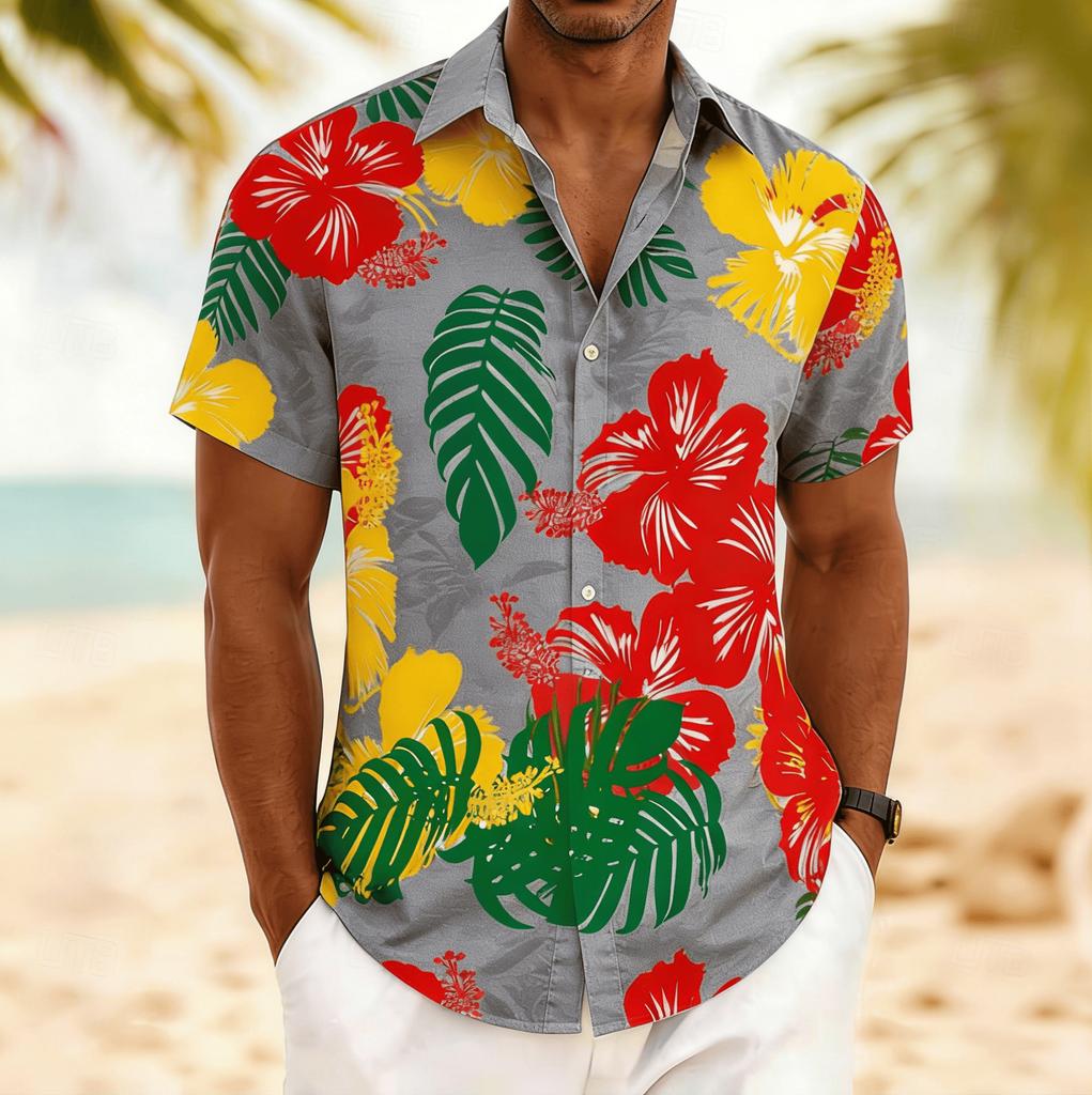 Men's Hibiscus Tropical Print Short Sleeve Shirt, Spring Summer Vibrant Hawaiian Vacation Blouse, Loose Casual Top