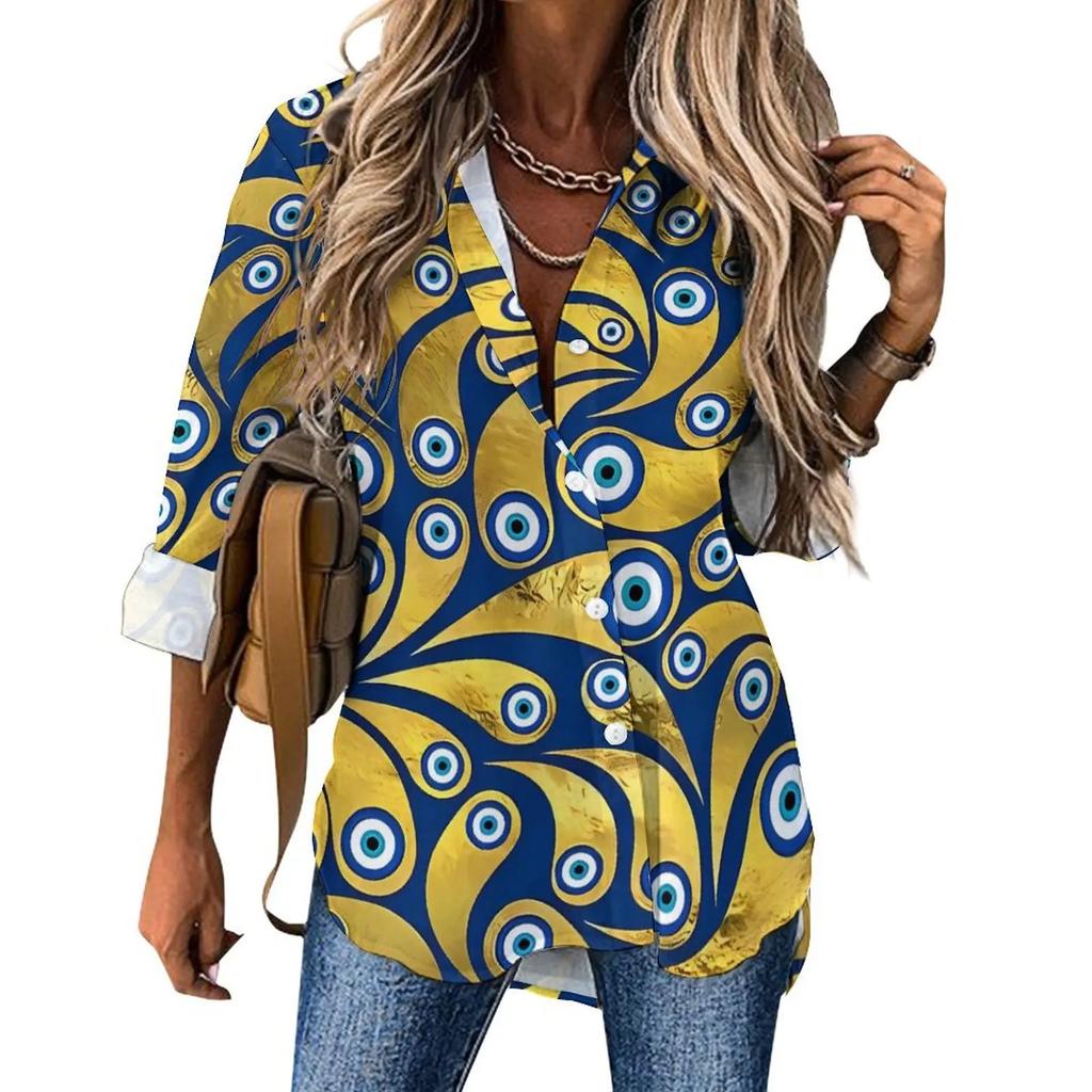 Women Street Fashion Shirt Abstract Evil Eye Casual 2025 New Spring and Autumn Blouse Long Sleeve Vintage Print Office Blouses