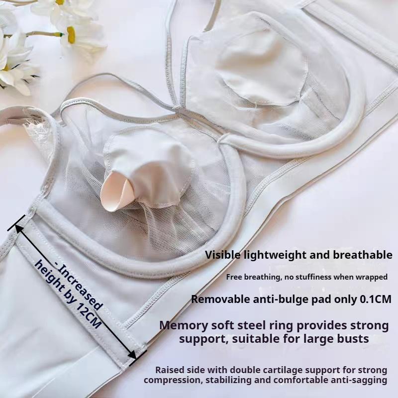 Large Bust-slimming French Bra for Women with Soft Underwire Ultra-thin Lace and Crystal Cups