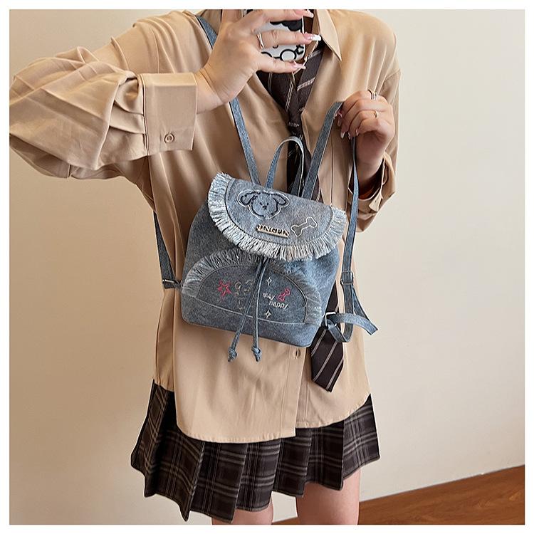 College Style Denim Embroidered Backpack Bag Women's New Travel Small Backpack Student Schoolbag