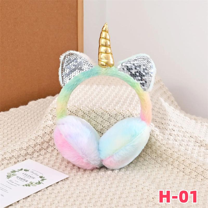 Children Kids Cute Unicorn Earmuffs Sequin Cat Ears Ear-Muffs Cover Winter Warm Fur Plush Headband Women Tie-dye Fluffy Earflap