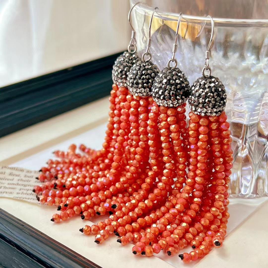 925 Silver Vintage High Quality Watermelon Red Faux Ruby Tassel Earrings