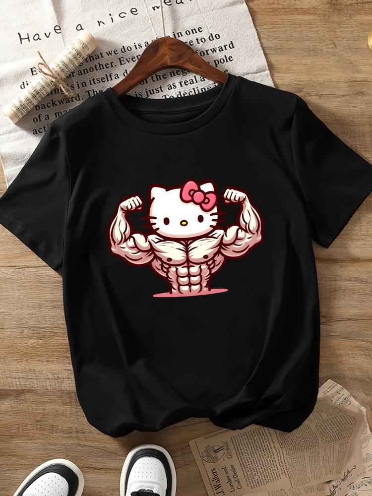 Hello Kitty Muscle Pattern TShirt Womens Cartoon Pattern Short Sleeve Suitable for All Seasons Casual Style Breathable
