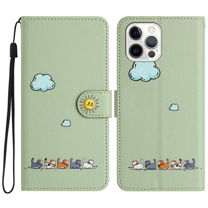 Applicable To iPhone16 Mobile Phone Case Cartoon Cat Leather Case, Samsung S25a56 Xiaomi OPPO Wallet All-inclusive Card