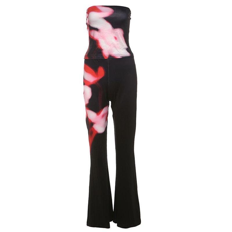 

# Sisjuly# American Commuter High Street Gyaru Retro Print Slim fit Tube Top High Waist Straight Pants Set Women Tide Black L