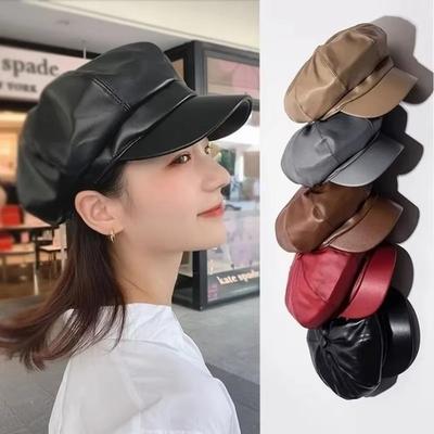PU Leather Octagonal Beret Hat Autumn Winter Women Solid Color Berets Baseball Cap Ladies High Quality Newsboy Cabbie Beanie