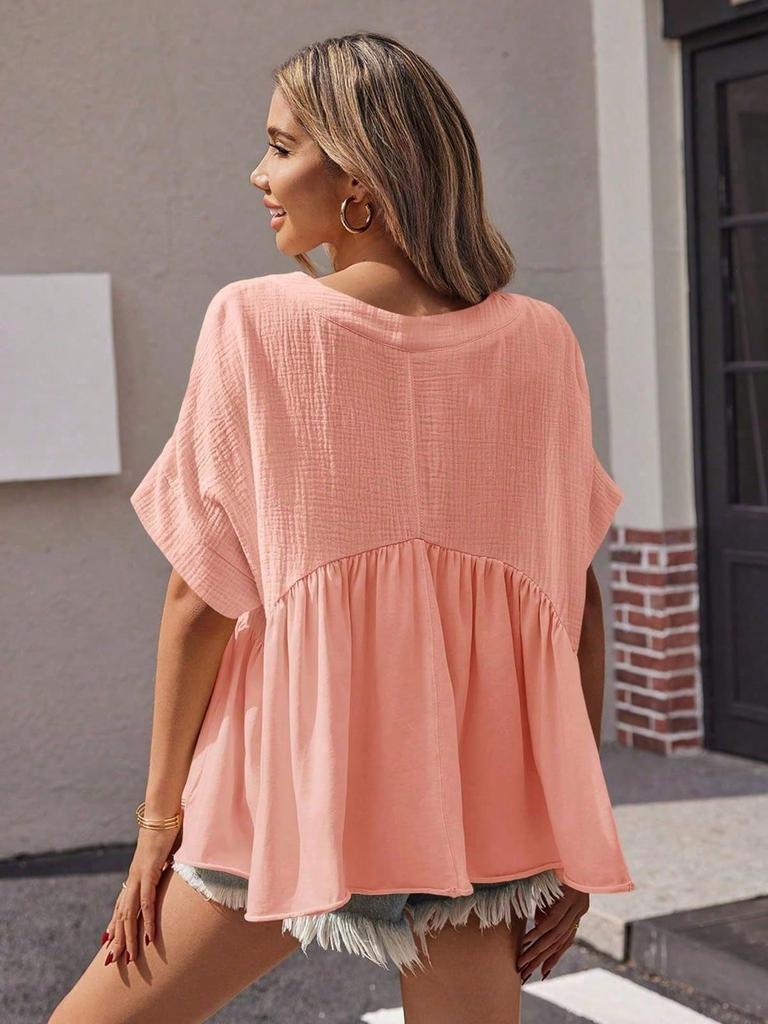 Womens V Neck Peplum Babydoll Blouse Short Sleeve Pleated Summer Top