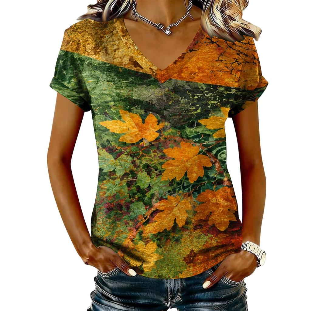 Women's V-Neck Short Sleeve Top with Maple Leaf Print for Casual Everyday Wear
