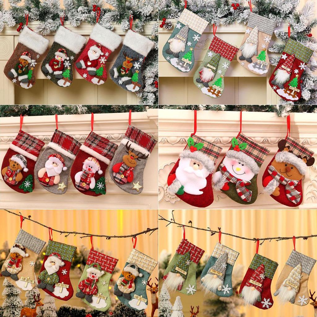 Burlap 3D Cartoon Christmas Stocking Gift & Candy Bag Pendant