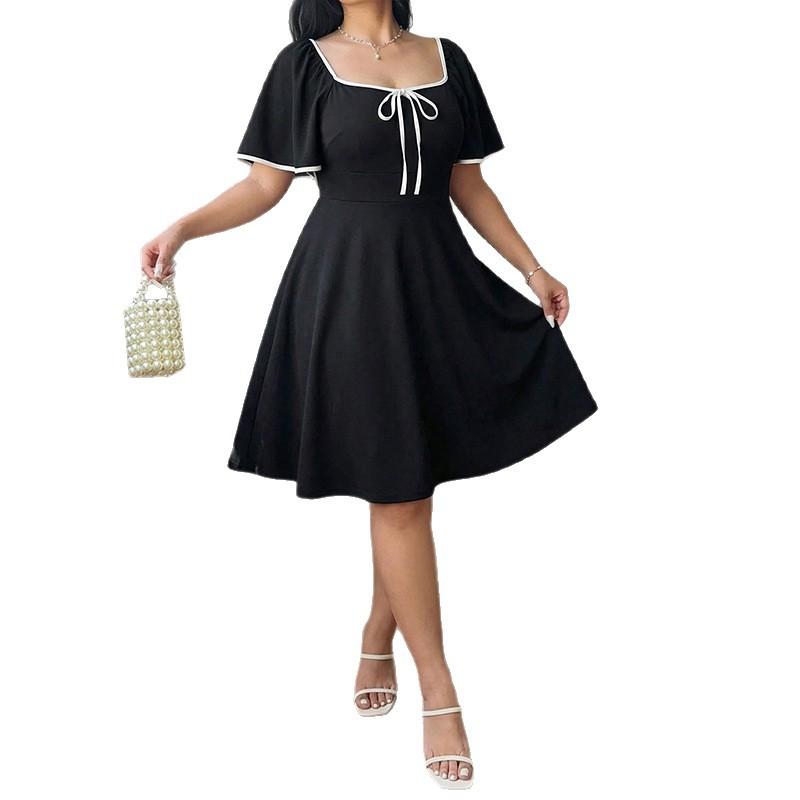 Plus Size Square Neck Black Dress Loose Square Neck Bow Waist Fitted Slim A Line Dress Elegant Fashion Comfortable Dress