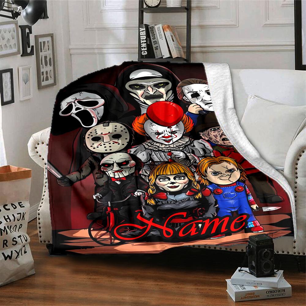 Custom Name Halloween horror Theme Printed Blanket - Perfect for Couch, Bed, Travel & Outdoor Use | Machine Washable, Cozy & Durable.