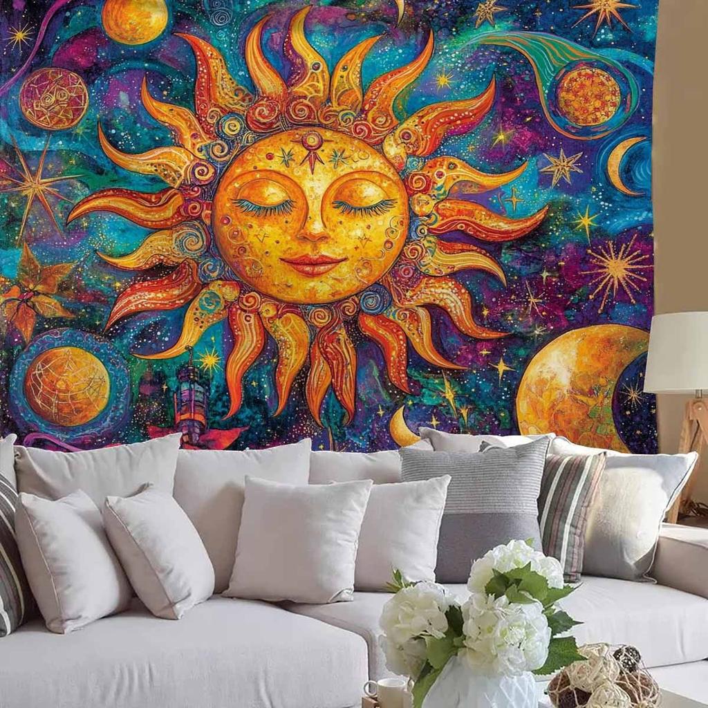 1 Piece Tarot Sun Decorative Print Tapestry for Room Wall Decoration, Made of Polyester Fabric and Thin Peach Skin Suede
