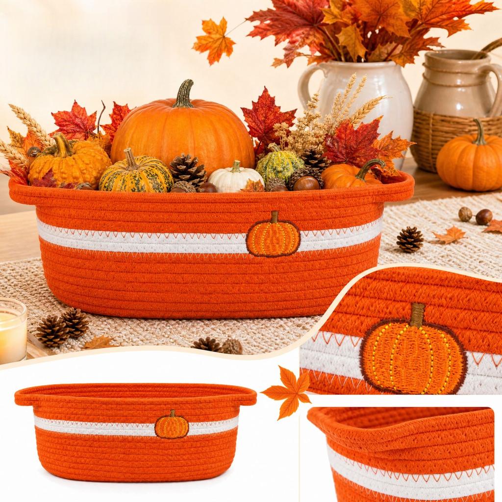 Cesto Portatutto in Corda di Cotone Intrecciata con Ricamo di Zucca, Decorazione Autunnale per Casa per Scaffale del Soggiorno