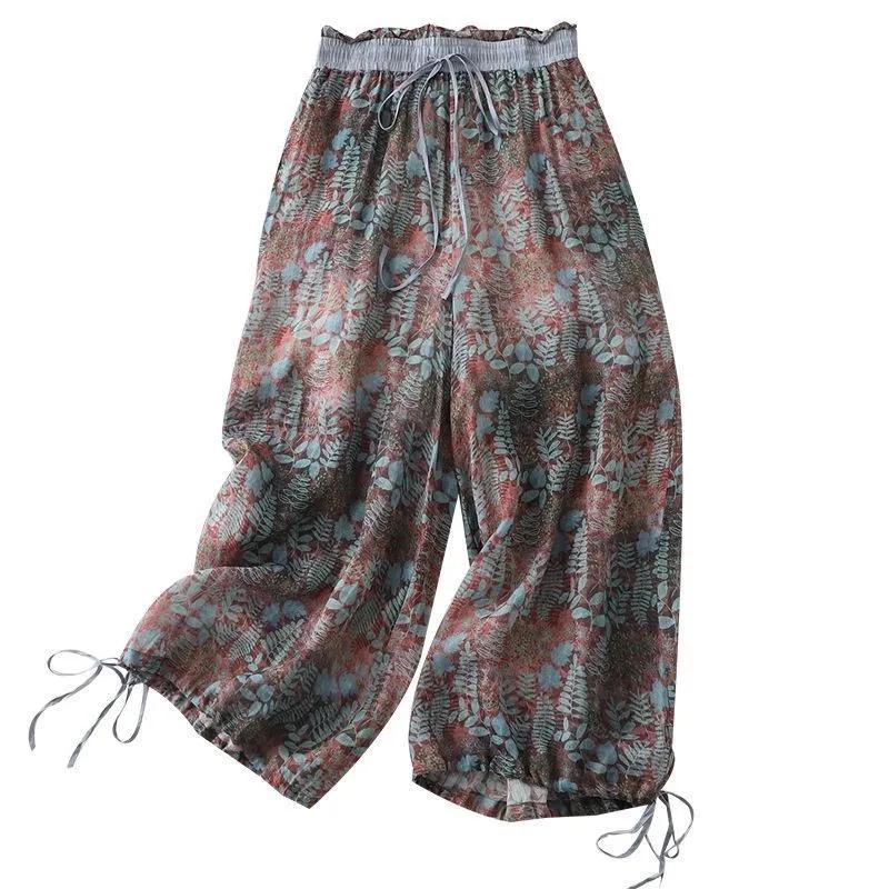 Vintage Floral Print Thin Ramie Pants Women Summer Elastic Waist Ankle-Length Trousers Loose Wide Legs Pants