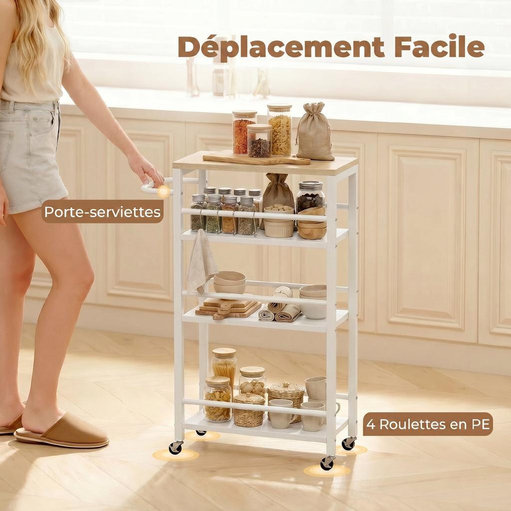 Kitchen Trolley 4 Levels Service Cart With Wheels Towel Holder And 6 Hooks 50 X 20 X 81 Cm Oak