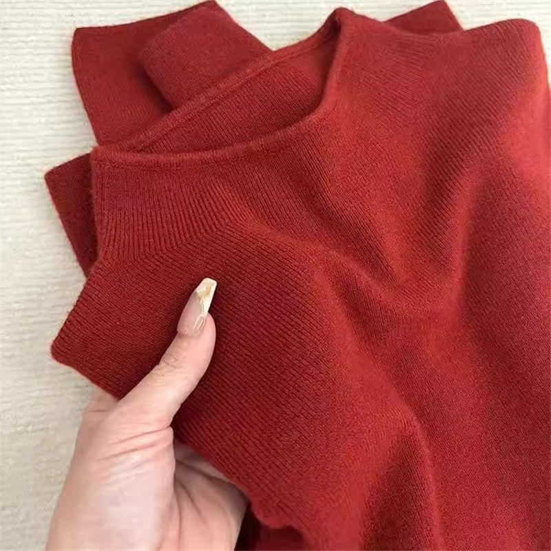 Trendy Red Slim-Fit Knit Top: Women's Half-High Neck, Long-Sleeved, Regular Shoulder Base Layer