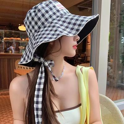 Women Plaid Candy Colors Fisherman Hat Summer Double-side Wear Lace-up Bow Bucket Cap JK Korean Girls Wide Brim Sunshade Caps