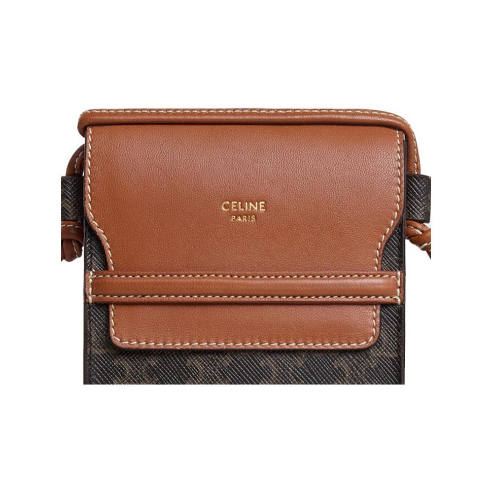 Celine Triomphe Classic Allover-Print Vintage-Print Klapptasche Leinwand mit Lammlederbesatz Schulter-Handytasche Damen Tan