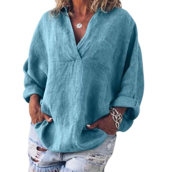 V Neck Pullover Women Shirt Skin-friendly Long Sleeve Solid Color Loose Blouse Ladies Clothing