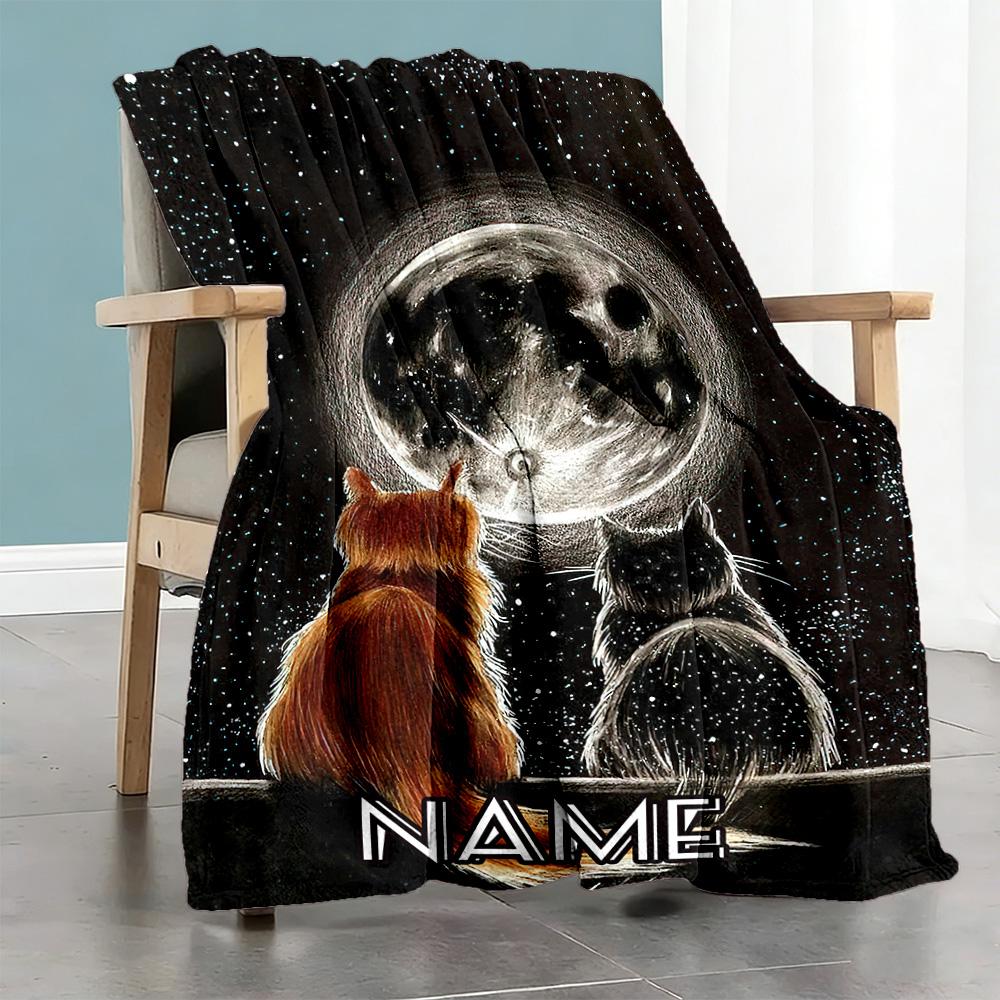 Cat Moon Customize Text Blanket Lightweight Customizable Blanket Soft & Cozy Perfect for Couch Bedding Living Room Chair All-Season Use