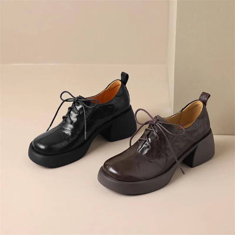 Fashion New Autumn Genuine Leather Women Loafers Round Toe Chunky Heel Lace High Heels Versatile Women Pumps Platform Shoes for Women