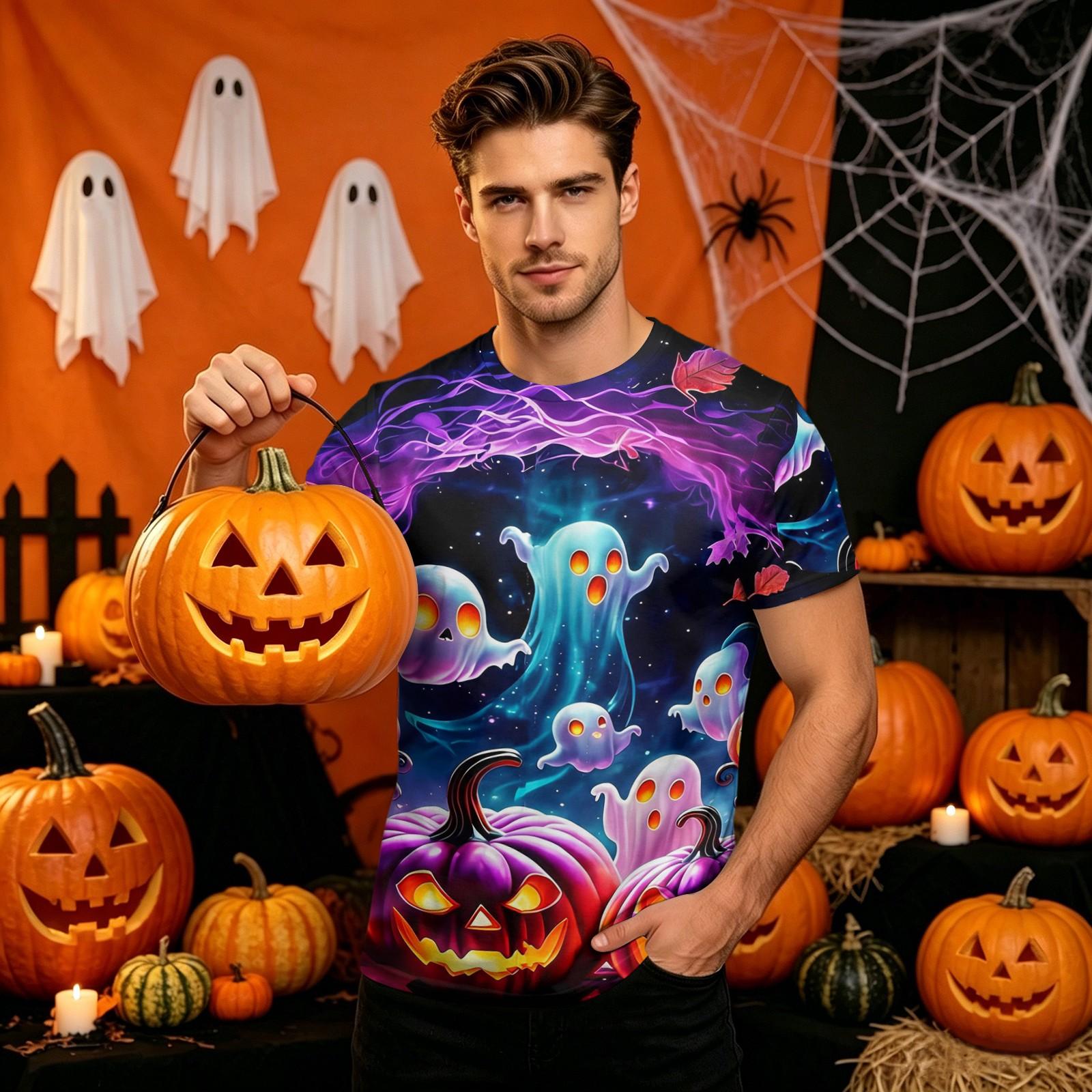 Men s Halloween Printed Neck Short Sleeve T-Shirt Fashion Top L