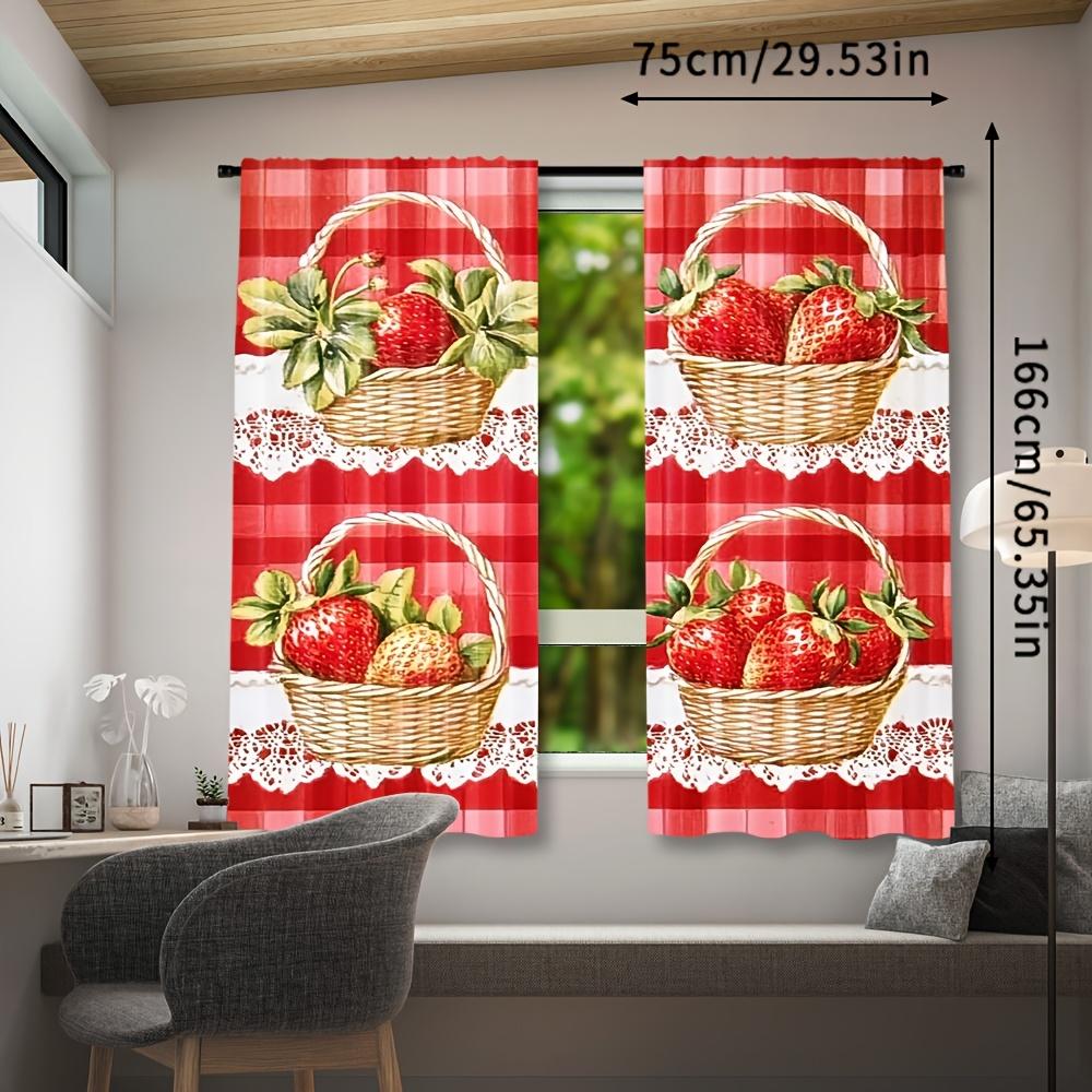 Red Strawberry Picnic Pattern Curtains Gingham Plaid Window Drapes Cottagecore Farmhouse Style Decorative Window Treatment