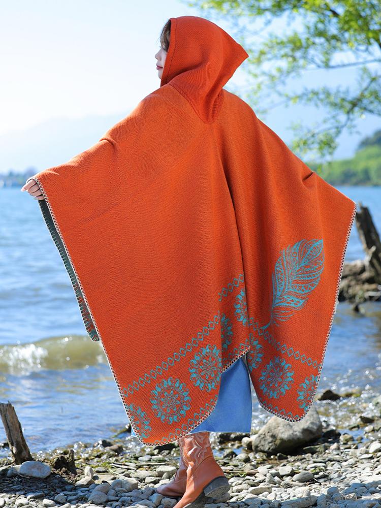 Winter Women Scarf Hooded Layers Poncho Elegant Lady Retro Floral Print Warm Wrap Shawl Scarve Capa Para Mujer Pashmina Cloak
