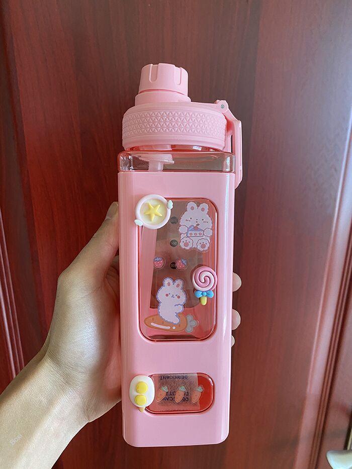 Kawaii Pastel Straw Bottle New Transparent Square Cute Water Bottles Large Capacity Travel Outdoor Sport Cycling Bottle BPA Free
