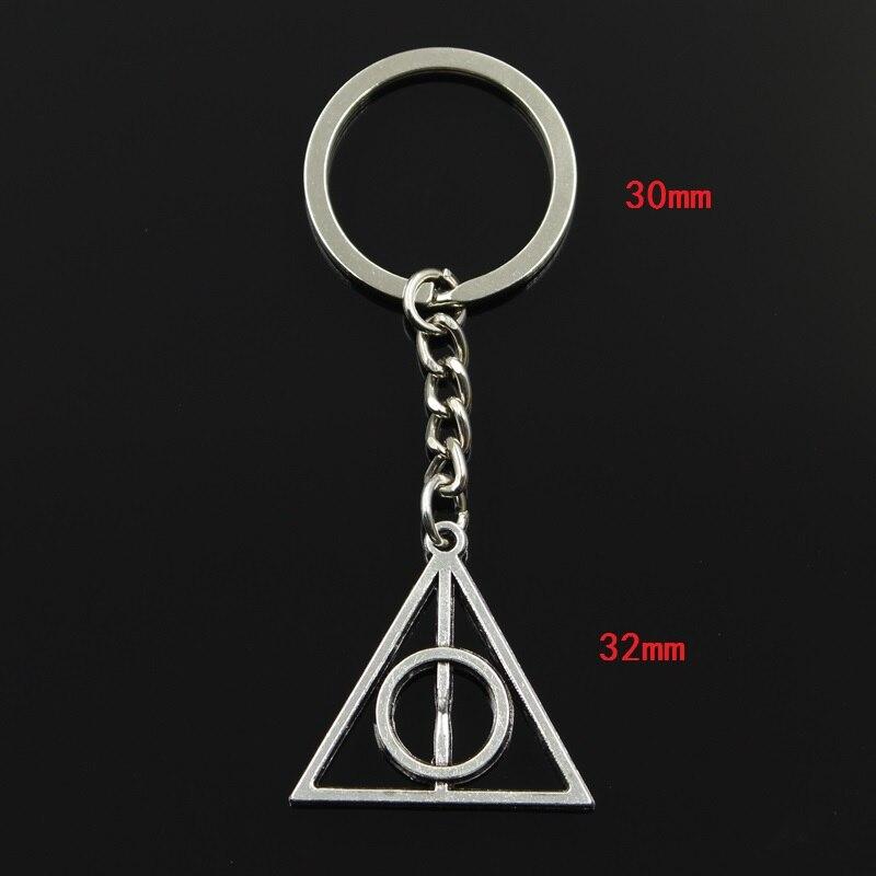 Fashion 30mm Key Ring Metal Key Chain Keychain Jewelry Antique Bronze Silver Color Plated Deathly Hallows 32x31mm Pendant